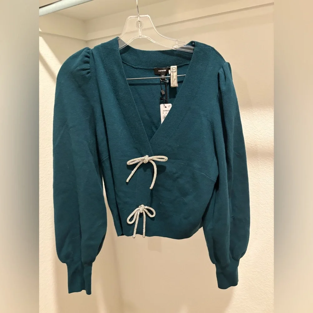 Express Teal Cardigan with Silver Rhinestone Bows - Picture 4 of 6